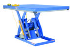 The Vestil Electric Hydraulic Lift Table 3K 48X72 is ideal for lifting heavy loads in industrial settings. It features a blue rectangular surface with X-shaped support and includes a yellow coiled cable and control for easy operation.
