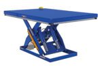 The blue Vestil Electric Hydraulic Lift Table 4K 48X72, an industrial scissor lift, has hydraulic mechanisms with a sturdy metal platform ideal for lifting heavy loads in warehouses or workshops.