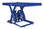 The Vestil Electric Hydraulic Lift Table 6K 48X72, with a blue rectangular platform and crisscrossed metal design, is ideal for lifting heavy loads. It includes yellow safety markings on the side for enhanced visibility.