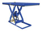 The Vestil Electric Hydraulic Lift Table 2K 48X84 features a strong scissor mechanism, a spacious blue rectangular platform, and a sturdy base. It includes an easy-to-use foot pedal for efficient operation with seamlessly integrated hydraulic components.
