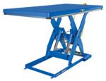 The Vestil Electric Hydraulic Lift Table 4K 48X96, displayed on a white background, features a blue hue, sturdy metal frame, powerful hydraulic cylinders, a rectangular top platform, and visible electrical connections—an exemplar of precision engineering.