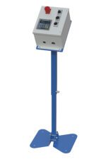 The Vestil Set Programmable Height Adjustment 24V-Ehlt features a metal stand with a blue base and slanted white surface, housing a control panel with various buttons including a red emergency stop, making it ideal for industrial use.