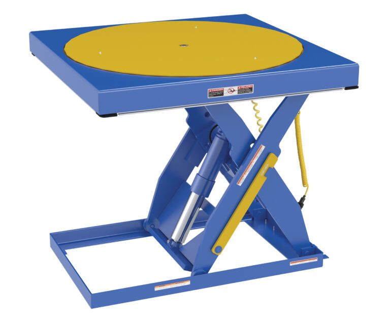 EHLT-ROTATE_A.jpg The Vestil Built-In Manual Scissor Table Carousel-Ehlt has a blue hydraulic lift, square base, and round yellow platform. Designed for industrial tasks, it includes safety measures for efficient lifting or rotating of objects.