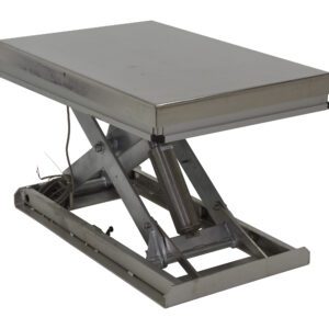 The Vestil Work Station Pss Scissor Lift 24X36 1500# features a robust rectangular platform supported by an X-shaped base. Its hydraulic system allows for easy raising and lowering of the metal scissor lift table.