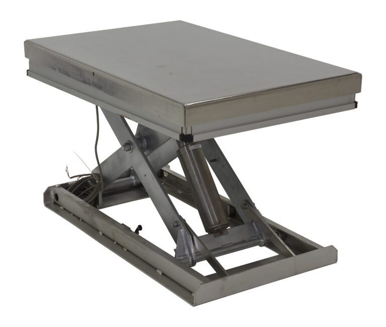 The Vestil Work Station Pss Scissor Lift 24X36 1500# features a robust rectangular platform supported by an X-shaped base. Its hydraulic system allows for easy raising and lowering of the metal scissor lift table.