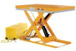 The Vestil Work Station Scissor Lift 1.5K 32 X 48, with its yellow-painted rectangular platform and external control box, is designed to effortlessly elevate heavy items up to 1500 lbs.