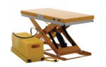 The Vestil Work Station Scissor Lift 1.5K 40 X 48 features a yellow hydraulic lifting table with a scissor lift mechanism and control box, ideal for heavy-duty industrial or warehouse use.