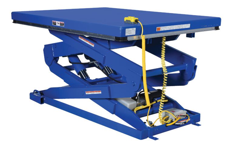 EHLTD-4848-2-70_A.jpg The Vestil Double Leg Scissor Lift Table 2K features a blue rectangular platform with 48 X 48 dimensions, a coiled yellow control cable, and multiple warning labels, designed for efficient raising and lowering of heavy loads.