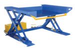 The Vestil Ground Lift Scissor Table 2K 38 x 51.5 features a blue hydraulic scissor mechanism, yellow safety bar, and side control box, ensuring efficient lifting and positioning of heavy loads.