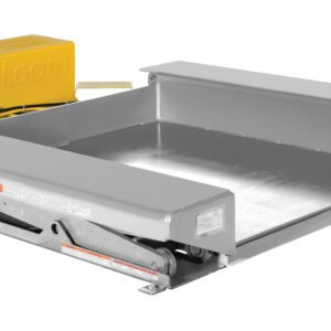 The Vestil Ground Lift Scissor Table 4K 44X50 36H includes a gray hydraulic lift and a yellow control box with cables. The platform reveals the mechanics underneath, while vestil.com is clearly marked on the yellow box.