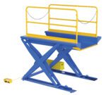 The blue and yellow Vestil Ground Lift Scissor Table 3K 44X84 is an efficient material handling marvel, featuring safety railings, a chain on top, and a yellow control box at the base for reliable operation.