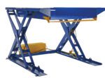 The Vestil Ground Lift Scissor Table 2K 52 x 73 features a blue platform with a yellow control box for its electric lift mechanism. Its robust X-shaped frame ensures stability and durability for industrial use.