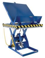 The blue Vestil Lift & End Tilt Scissor Table 1K 36X48 has a yellow and black striped safety edge, a top handle, a hydraulic mechanism beneath, and a functional yellow coiled cable attached to the side.