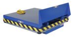 The blue Vestil Lift & End Tilt Scissor Table 1K 48X48 has a yellow and black striped edge, a top with a yellow coiled cable, and caution/warning labels on its sides. Its designed for efficient heavy load elevation and support.