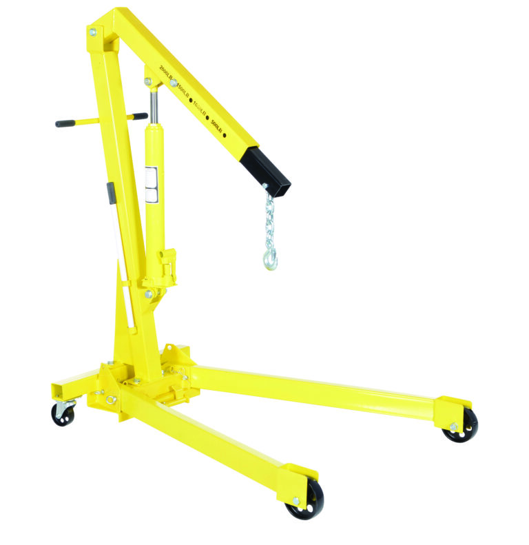 EHN-20-C_A.jpg The Vestil Engine Hoist Folding Legs 2K Capacity in yellow includes a black hook and chain for heavy-duty lifting. Its folding legs with wheels provide mobility, and the adjustable arm offers versatility, making it ideal for robust lifting tasks.