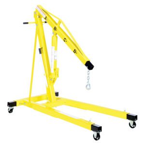 The Vestil Engine Hoist features telescopic legs and a sturdy wheeled base. This yellow hydraulic marvel includes an extendable arm with a black hook, offers 4K capacity, and multiple adjustment points for versatile lifting of heavy objects.