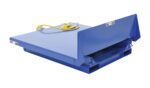 A blue loading dock leveler, similar to the Vestil Sliding Tilt Table with a 4K lb capacity and 48x47.75 dimensions, features a yellow cable on top, effectively bridging gaps between docks and vehicles for smooth cargo handling.
