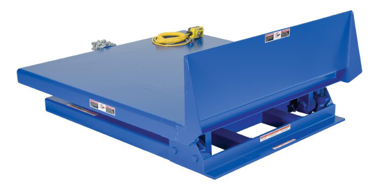 A blue dock leveler resembling the robust Vestil Hinge Tilt Table has a rectangular platform, hydraulic mechanisms underneath, a safety warning label, a yellow coiled cable, and a small control box on one side. It supports up to 4K lb capacity with dimensions of 48 X 47.75.