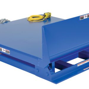 A blue dock leveler resembling the robust Vestil Hinge Tilt Table has a rectangular platform, hydraulic mechanisms underneath, a safety warning label, a yellow coiled cable, and a small control box on one side. It supports up to 4K lb capacity with dimensions of 48 X 47.75.