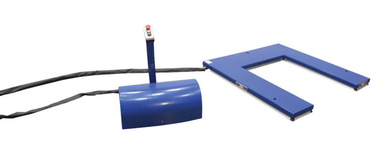 A blue, U-shaped Vestil floor scale with an attached control panel, linked by a black cable and featuring buttons including a red emergency stop. Ideal for loading and weighing large items alongside the Vestil U Type Electric Lift Table 2K Capacity.