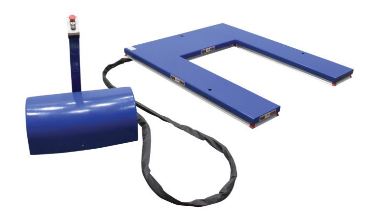 The Vestil U Type Electric Lift Table 3K Capacity is a blue, U-shaped industrial pallet scale featuring a control panel on a vertical stand with an emergency stop button on top, connected by cable.