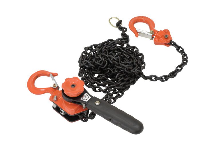 ELH-05-10_A.jpg The Vestil Mighty Mini Lever Hoist 0.5K Cap 10 Ft boasts a durable black chain, safety-latched orange hooks, and a sleek black handle, making it ideal for lifting and pulling heavy loads with its reliable, compact design.
