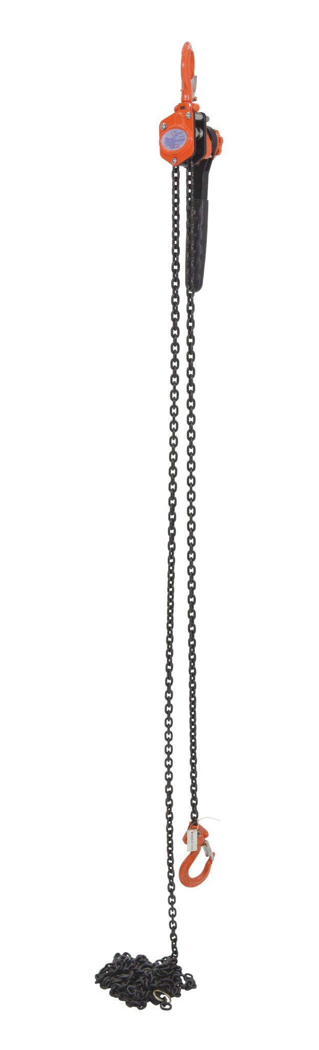 ELH-10-15_A.jpg The Vestil Mighty Mini Lever Hoist 1K Cap 15 Ft has an orange housing and handle, a long black metal chain, and large top and bottom hooks for easy lifting.