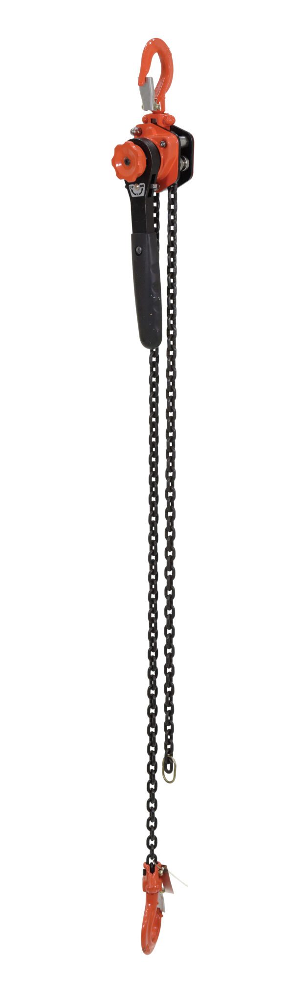 ELH-10-5_A.jpg The Vestil Mighty Mini Lever Hoist 1K Cap 5 Ft, in red and black, is designed for lifting heavy loads efficiently with a manual lever mechanism and features a large top hook and bottom hook.
