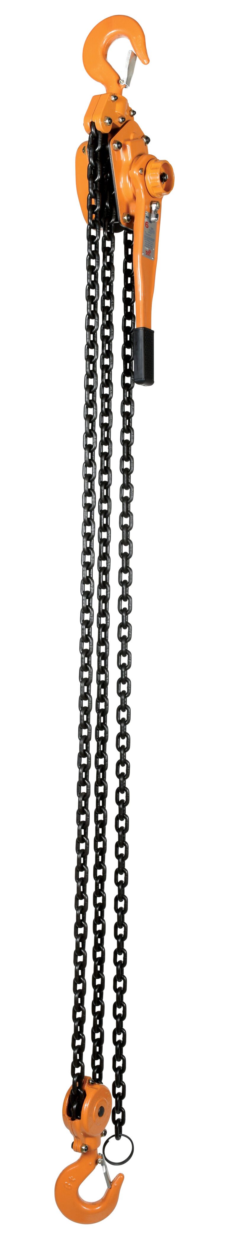 The Vestil Economy Lever Hoist 12K Capacity 10 Ft, with its orange and black design, features a durable chain and solid metal build. Perfect for lifting heavy items, it includes a reliable lever and hook for smooth operation.