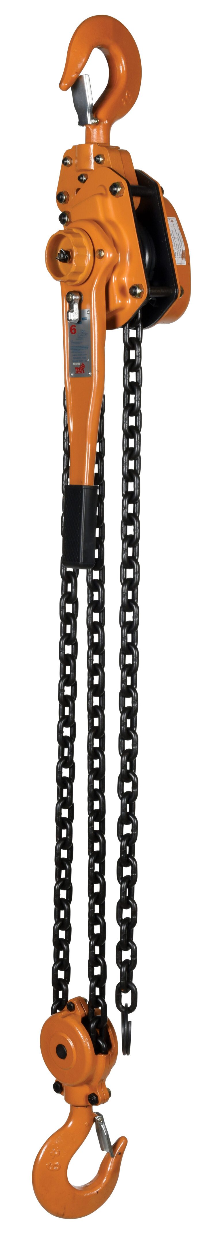 ELH-120-5_A.jpg The Vestil Economy Lever Hoist 12K Capacity 5 Ft is a durable, orange manual chain hoist with top and bottom hooks, a long black chain, and robust design ideal for lifting heavy objects in industrial settings.