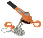 The Vestil Economy Lever Hoist 1.5K Capacity 5 Ft features a vibrant orange frame, sleek black handle, two secure hooks, and a sturdy metal chain for lifting and pulling up to 1.5K over 5 ft. It includes a technical detail label for convenience.