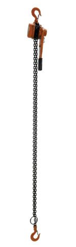 The Vestil Economy Lever Hoist 2K Capacity 10 Ft features a durable orange and black design with a long metal chain. Its compact mechanism and sturdy hooks make it ideal for easily lifting heavy objects.