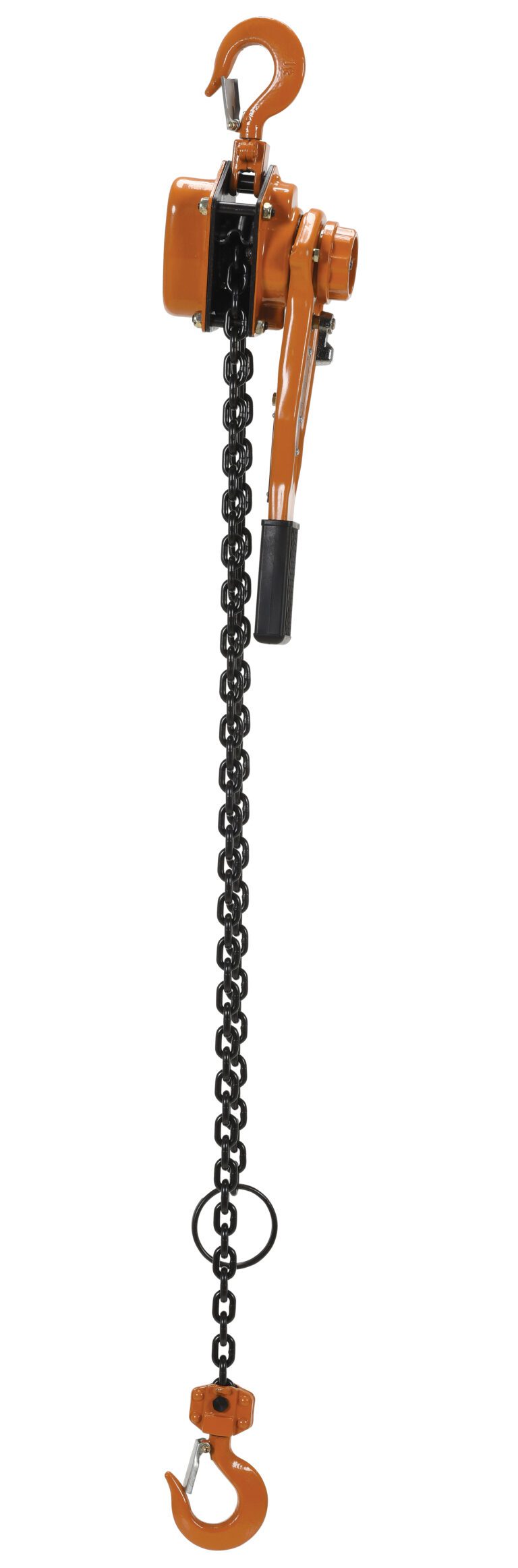 The Vestil Economy Lever Hoist 2K Capacity 5 Ft includes a manual orange chain hoist with a lever arm, two large hooks, and a vertical black chain for efficient heavy lifting.