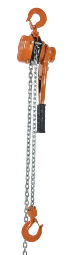 The Vestil Economy Lever Hoist 3K Capacity 20 Ft features a durable orange design, a 20 ft metal chain with hook attachment, and a black grip handle, making it perfect for lifting heavy loads reliably in demanding tasks.
