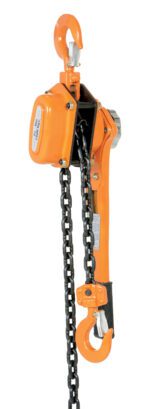 The Vestil Economy Lever Hoist 3K Capacity 5 Ft features an orange chain, two hooks, and a black chain, designed for efficient upright lifting with its lever and mechanical components.