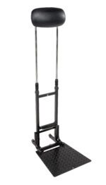 The Vestil Ergonomic Lumbar Support Stand, with a 275# capacity, features an adjustable black metal kneeling pad and standing platform, cushioned headrest, textured surface for grip, and chrome rods for stability to enhance comfort during use.