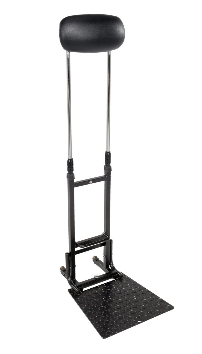 The Vestil Ergonomic Lumbar Support Stand, with a 275# capacity, features an adjustable black metal kneeling pad and standing platform, cushioned headrest, textured surface for grip, and chrome rods for stability to enhance comfort during use.