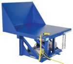 The Vestil Tilt Table 90 Degree 2K Lb Cap 42W X 50L includes a blue hydraulic lift, sloped backboard, and chain at its front. A coiled cord connects its yellow control pendant, which manages the visible mechanical components beneath the tabletop.