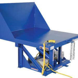 The Vestil Tilt Table 90 Degree 2K Lb Cap 42W X 50L includes a blue hydraulic lift, sloped backboard, and chain at its front. A coiled cord connects its yellow control pendant, which manages the visible mechanical components beneath the tabletop.