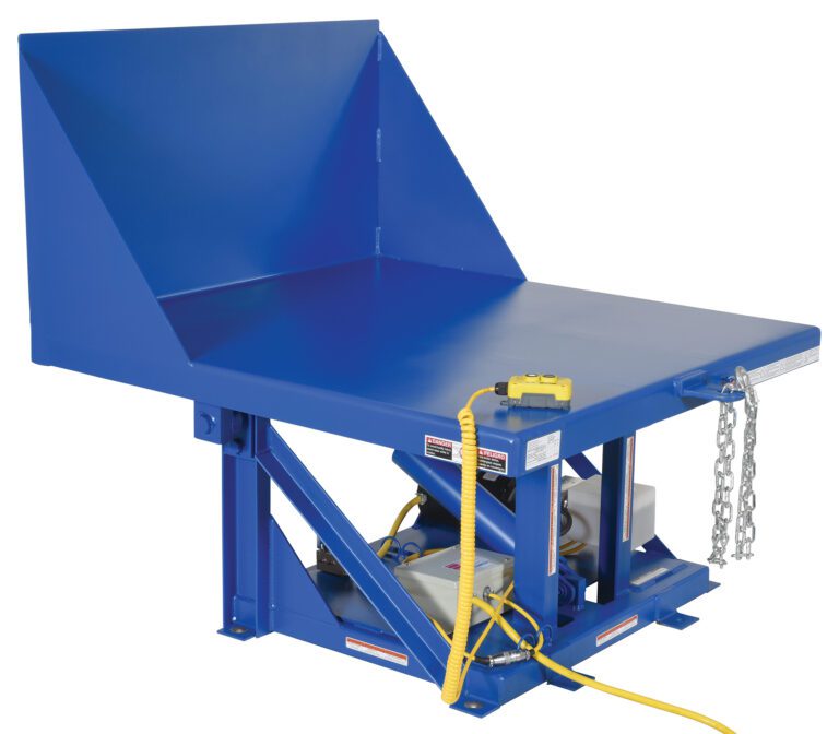 The Vestil Tilt Table 90 Degree 2K Lb Cap 42W X 50L includes a blue hydraulic lift, sloped backboard, and chain at its front. A coiled cord connects its yellow control pendant, which manages the visible mechanical components beneath the tabletop.