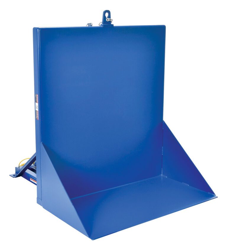 EM1-500-4250-6_A.jpg A blue dump hopper with a vertical stance, slanted sides, and flat base mirrors the Vestil Tilt Table 90 Degree 6K Lb Cap 42W X 50L. It has a visible hinge mechanism at the back for movement and a simple design with a smooth surface for efficient material disposal.