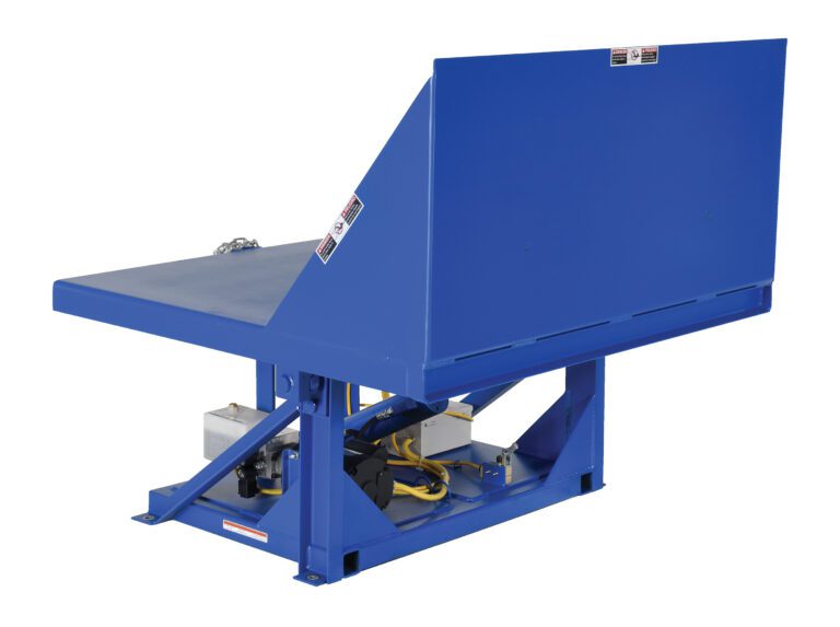 The Vestil Tilt Table 90 Degree, with a 2K lb capacity and dimensions of 48W x 48L, is a sturdy blue industrial machine featuring a raised platform and hydraulic mechanisms. It tilts to 90 degrees, ideal for lifting or positioning heavy items in manufacturing or warehouse environments.