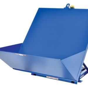 The blue industrial steel hopper, similar to the Vestil Tilt Table 90 Degree 4K Lb Cap 48W X 48L, has a wide angled opening, flat base, hinged lid, and lifting hook for easy material transport in manufacturing or construction settings.