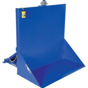 A blue steel hopper with a square base and angled sides features a hinged lid and yellow switch on its control box, echoing the robust design of the Vestil Tilt Table 90 Degree 6K Lb Cap 48W X 48L, suggesting industrial use for handling or disposal tasks.