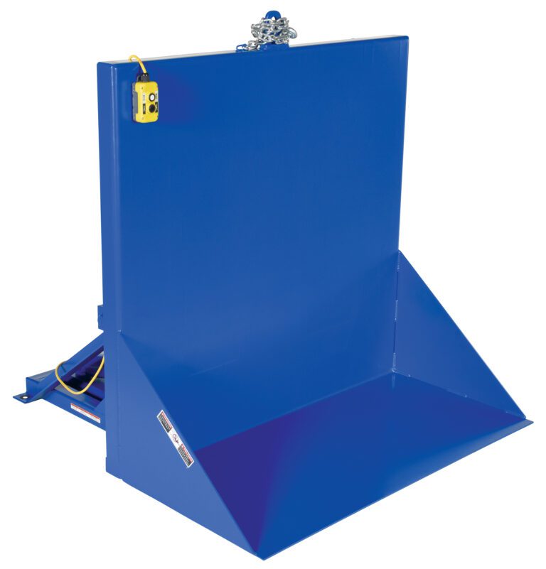 EM1-500-4848-6_A.jpg A blue steel hopper with a square base and angled sides features a hinged lid and yellow switch on its control box, echoing the robust design of the Vestil Tilt Table 90 Degree 6K Lb Cap 48W X 48L, suggesting industrial use for handling or disposal tasks.