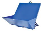 This industrial steel hopper, like the Vestil Tilt Table 90 Degree 2K Lb Cap 60W X 50L, is blue and designed with a large front opening, reinforced bottom and side panels, and an easy-lift hook mechanism.