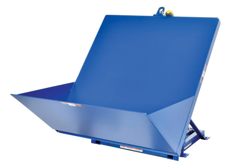 This industrial steel hopper, like the Vestil Tilt Table 90 Degree 2K Lb Cap 60W X 50L, is blue and designed with a large front opening, reinforced bottom and side panels, and an easy-lift hook mechanism.