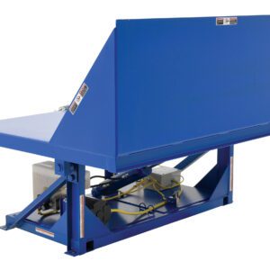 The blue mechanical dock leveler, similar to the Vestil Tilt Table 90 Degree 4K Lb Cap 60W X 50L, has a sturdy platform with an exposed hydraulic system, a triangular backstop, and safety labels, making it ideal for industrial alignment of dock heights during loading and unloading.