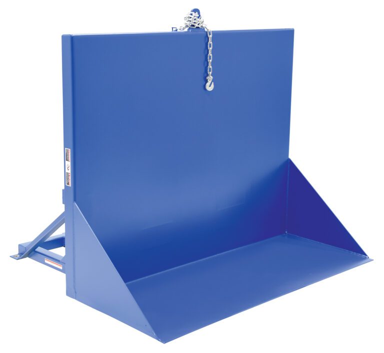The Vestil Tilt Table 90 Degree 6K Lb Cap 60W X 50L, with a blue metal tilting container, high back panel, lower front lip, and triangular side supports, includes a top chain to secure loads up to 6K lb. Its perfect for efficient industrial tasks like moving and dumping materials.