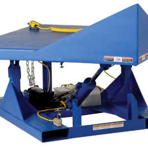 The Vestil Elect/Hydraulic Corner Tilter 4K 48 X 48 includes a blue industrial lift table with a slanted platform, exposed hydraulics, safety labels, yellow coiled wire, and two bottom slots for easy maneuvering.
